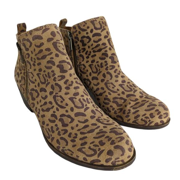Lucky Brand Basel Women's 8.5 Leopard Print Leather Ankle Booties Side Zip Heel - Picture 2 of 10
